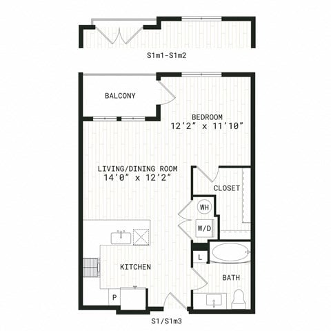 Floor plan for studio, 1 bath, 641 sqft